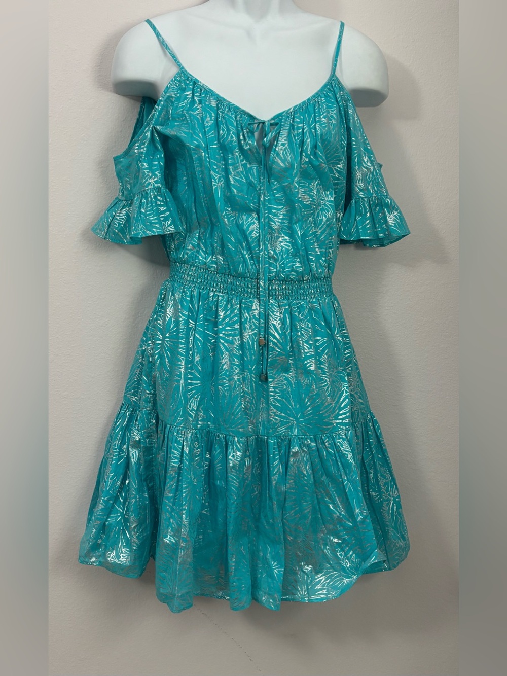 MICHAEL-MICHAEL KORS Dress -Teal Blue Off the Shoulder Metallic Detailing Size S